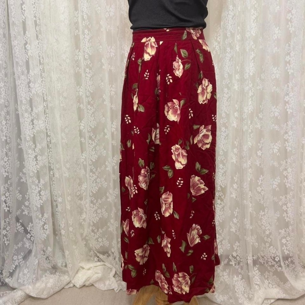 Vtg 80s Alfred Dunner Red Floral‎ Midi Skirt Womens Small Pleated Boho Cottage - Picture 4 of 7